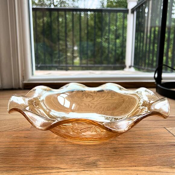 Vintage Other - Vintage Iridescent Ruffled Scalloped Amber Glass Bowl w Floral Etchings Carnival